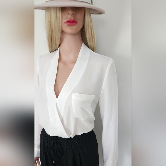 TOPSHOP BLOUSE CHIFFON SEMI SHEER FAUX WRAP LONG SLEEVE SHIRT US.2 - Picture 4 of 9